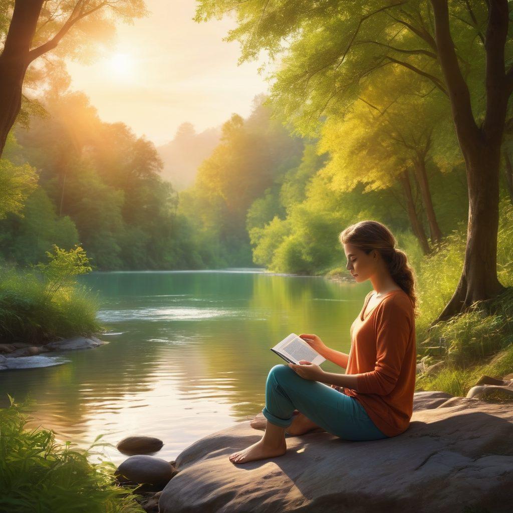 A serene scene depicting a person sitting cross-legged, with a book on wellness in one hand and a tablet showing adult content in the other, surrounded by calming nature like trees and a flowing river. The contrast between pleasure and wellness is highlighted by soft, soothing colors alongside vibrant, enticing hues. An ethereal glow symbolizes balance and mindfulness. super-realistic. vibrant colors. nature background.