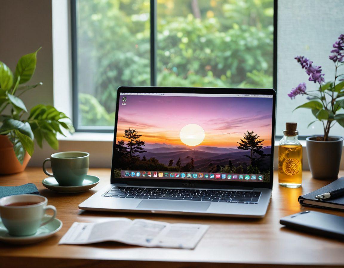 A modern laptop with an open browser displaying diverse adult content categories, surrounded by symbols of wellness like aromatherapy oils, a yoga mat, and a cup of herbal tea. Soft, ambient lighting creates a relaxed atmosphere, with a hint of greenery in the background for tranquility. Super-realistic. Vibrant colors. Warm tones.