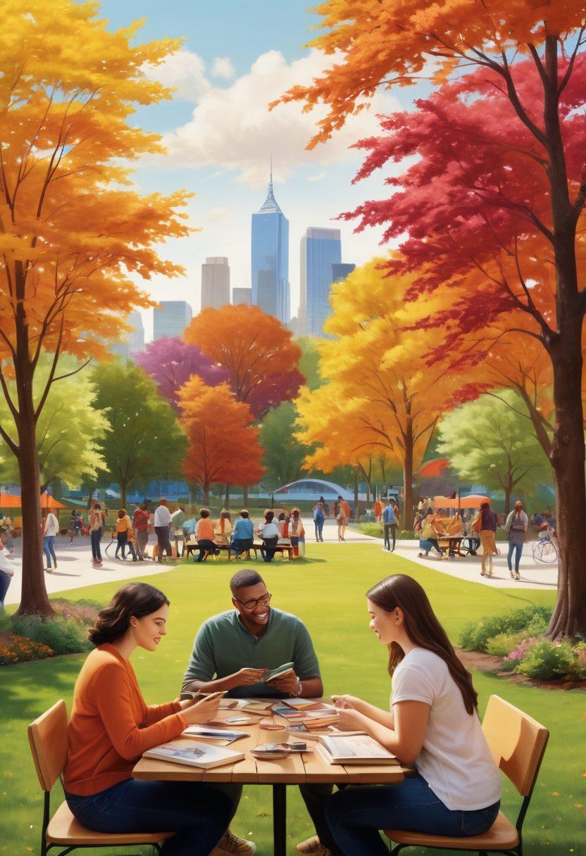 A diverse group of adults engaged in various activities that symbolize community and connection, such as sharing ideas, collaborating on projects, and enjoying casual conversations in a park setting. The backdrop features a vibrant cityscape with elements of therapy and support, like books and art supplies. Warm, inviting colors that evoke a sense of belonging and friendship should dominate the scene. super-realistic. vibrant colors. white background.
